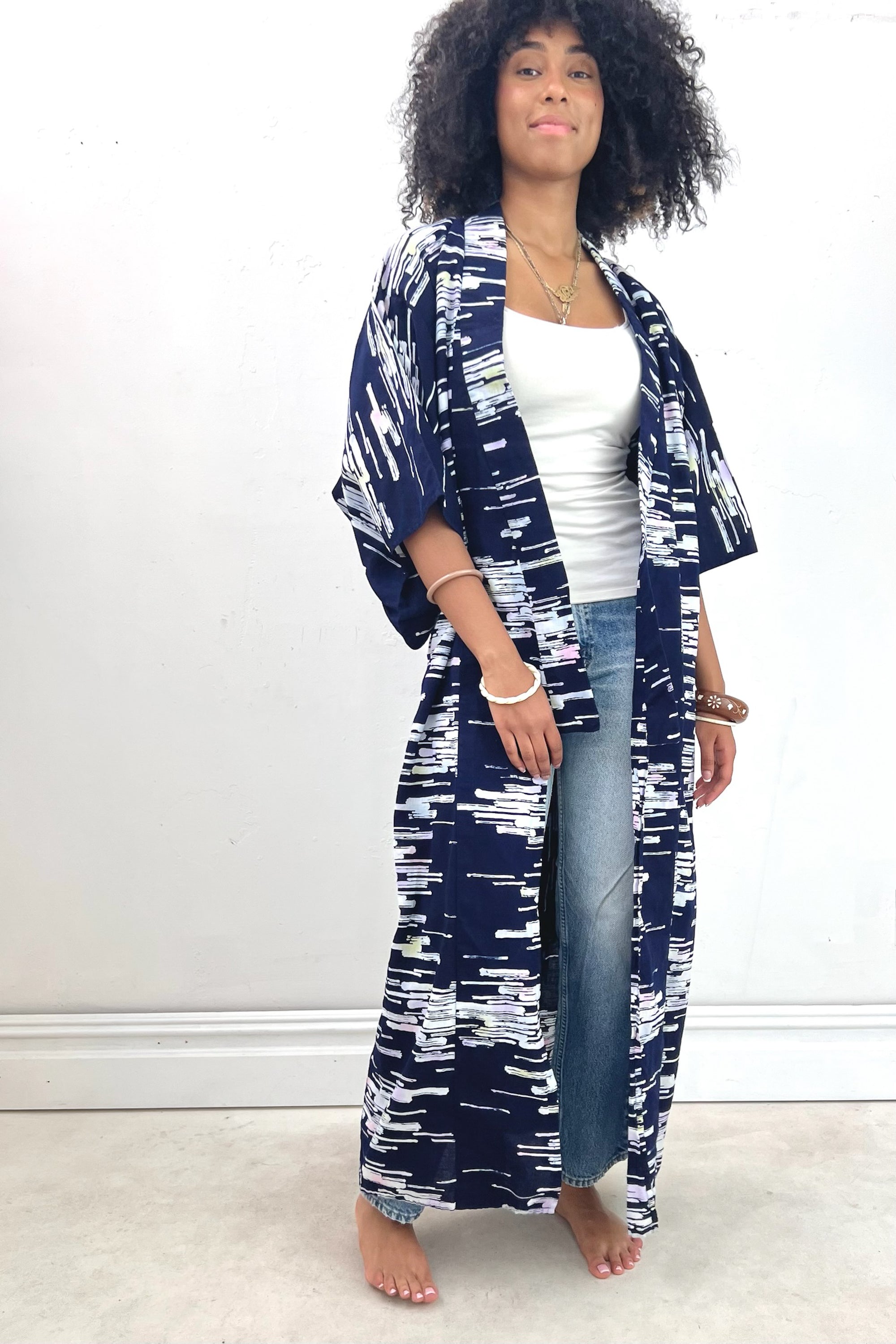 Vintage Cotton Navy Lines Kimono