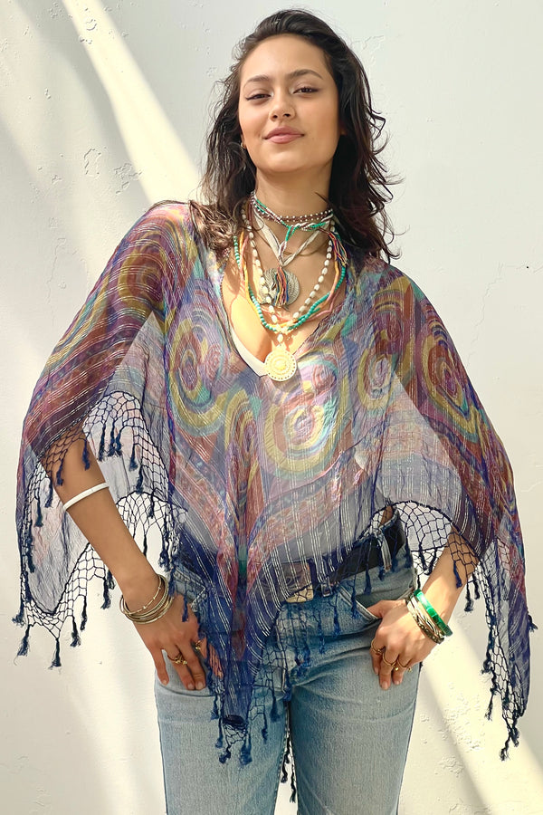 Anna Corinna Reworked Vintage Sheer Fringed Poncho Top