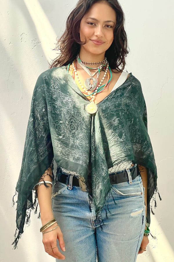 Anna Corinna Reworked Vintage Cotton Fringed Poncho Top