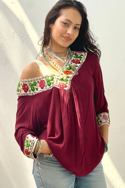 Vintage Beaded Merlot Top, view 3