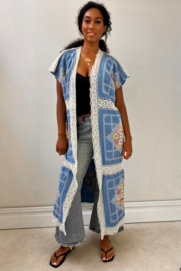 Anna Corinna Reworked Vintage Tatted Lace and Embroidered Maxi Jacket, Cotton