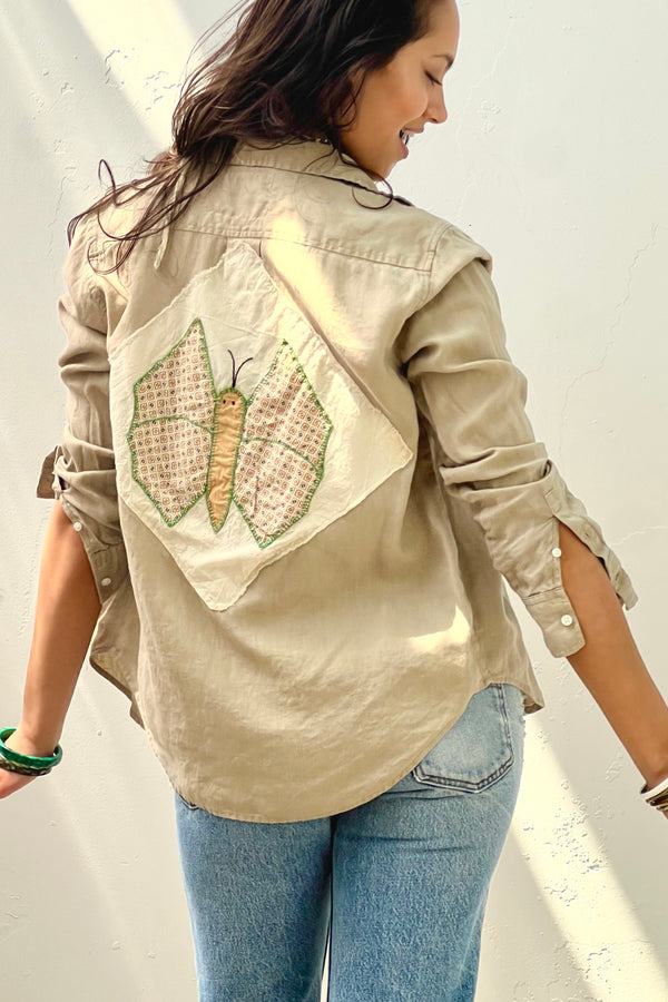 Anna Corinna Reworked Vintage Linen Butterfly Patch Button Down