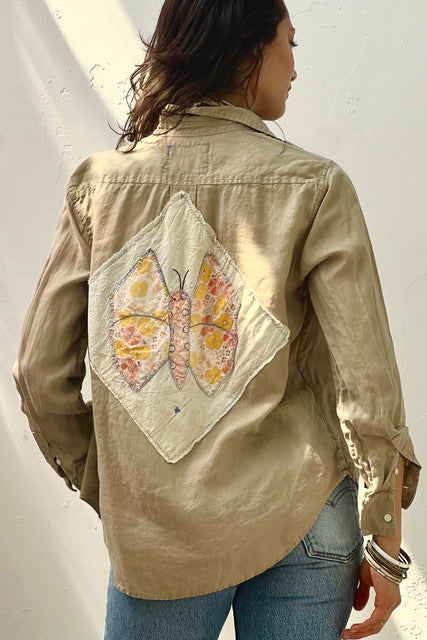 Anna Corinna Reworked Vintage Linen Butterfly Patched Button Down, Linen