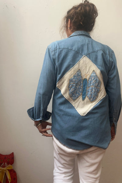 Chambray 80s Butterfly Snap Up Top Reworked Vintage