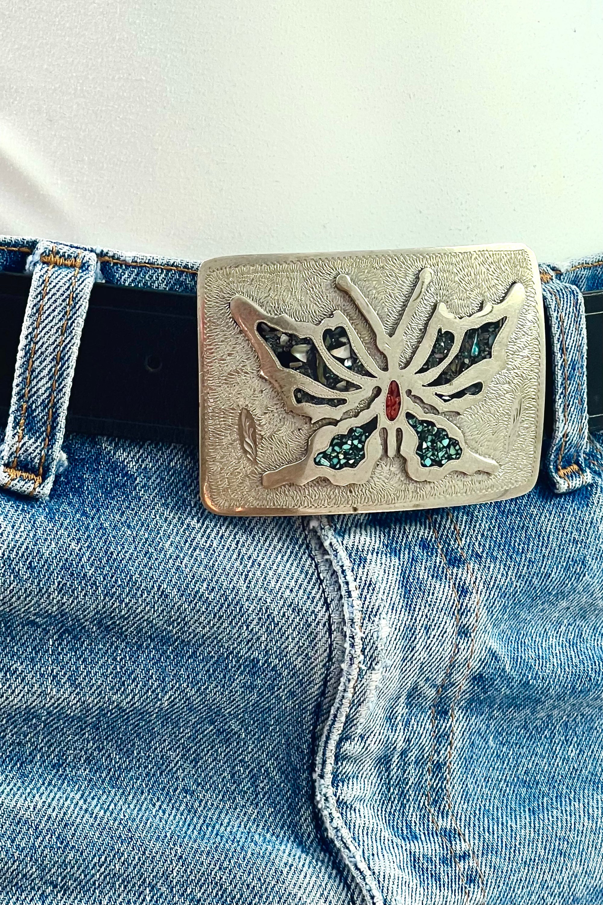 Vintage Leather and Butterfly Buckle Belt