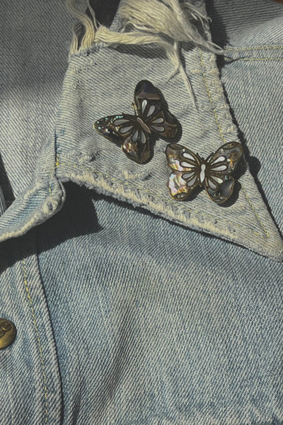 Vintage Pair of Brass, Abalone Shell and Mother of Pearl Butterfly Pins 1970's