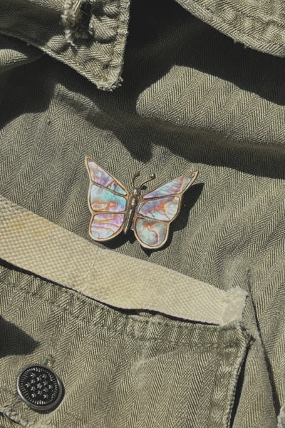 Vintage Mexican Sterling Silver & Abalone Shell Butterfly Pin, Mid Century