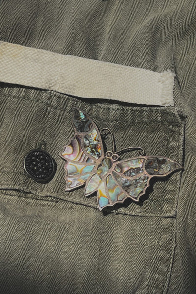 Vintage Mexican Sterling Silver & Abalone Shell Butterfly Pin, Mid Century Signed
