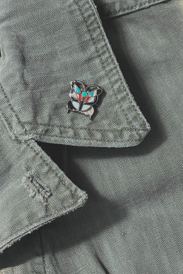 Vintage Zuni Style Sterling Silver, Turquoise, Coral, Mother of Pearl & Onyx Butterfly Pin 1950's