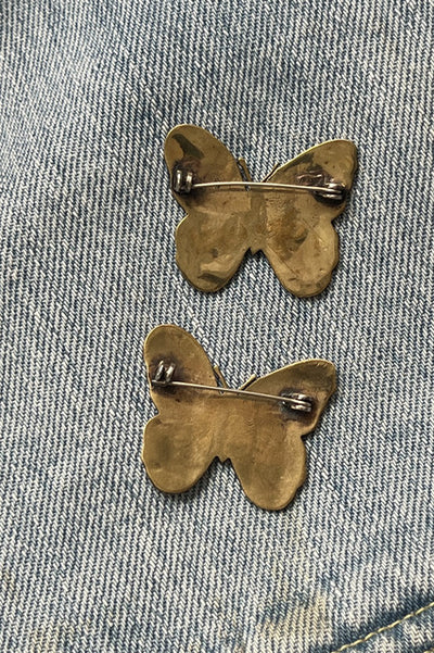 Vintage Pair of Brass, Abalone Shell and Mother of Pearl Butterfly Pins 1970's