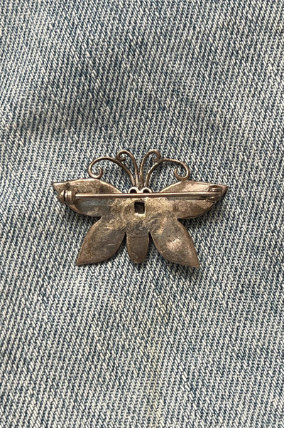 Vintage Sterling Silver, Marquesite & Onyx Butterfly Pin 1980's