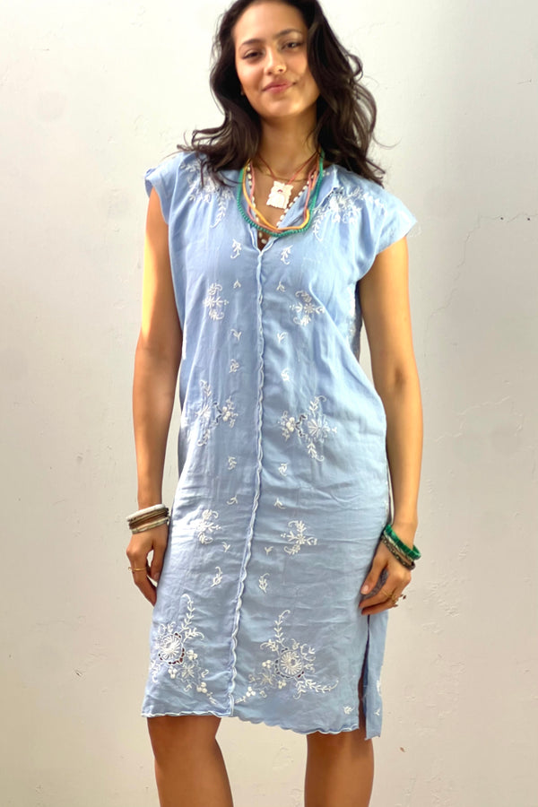 Anna Corinna Reworked Vintage Hand Embroidered Sky Smock Dress