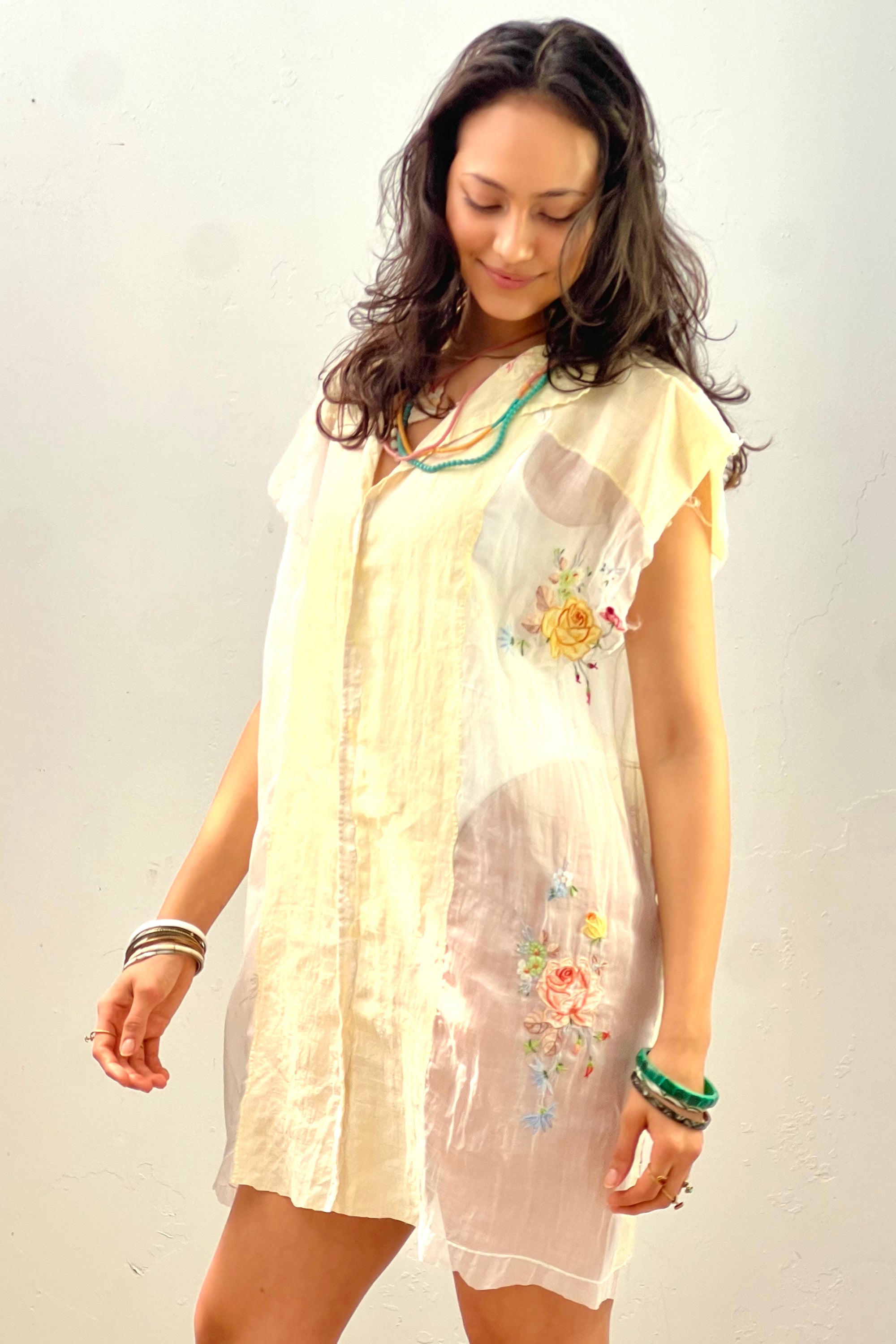 Anna Corinna Reworked Vintage Hand Embroidered Sheer Smock Dress