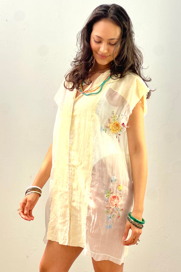 Anna Corinna Reworked Vintage Hand Embroidered Sheer Smock Dress
