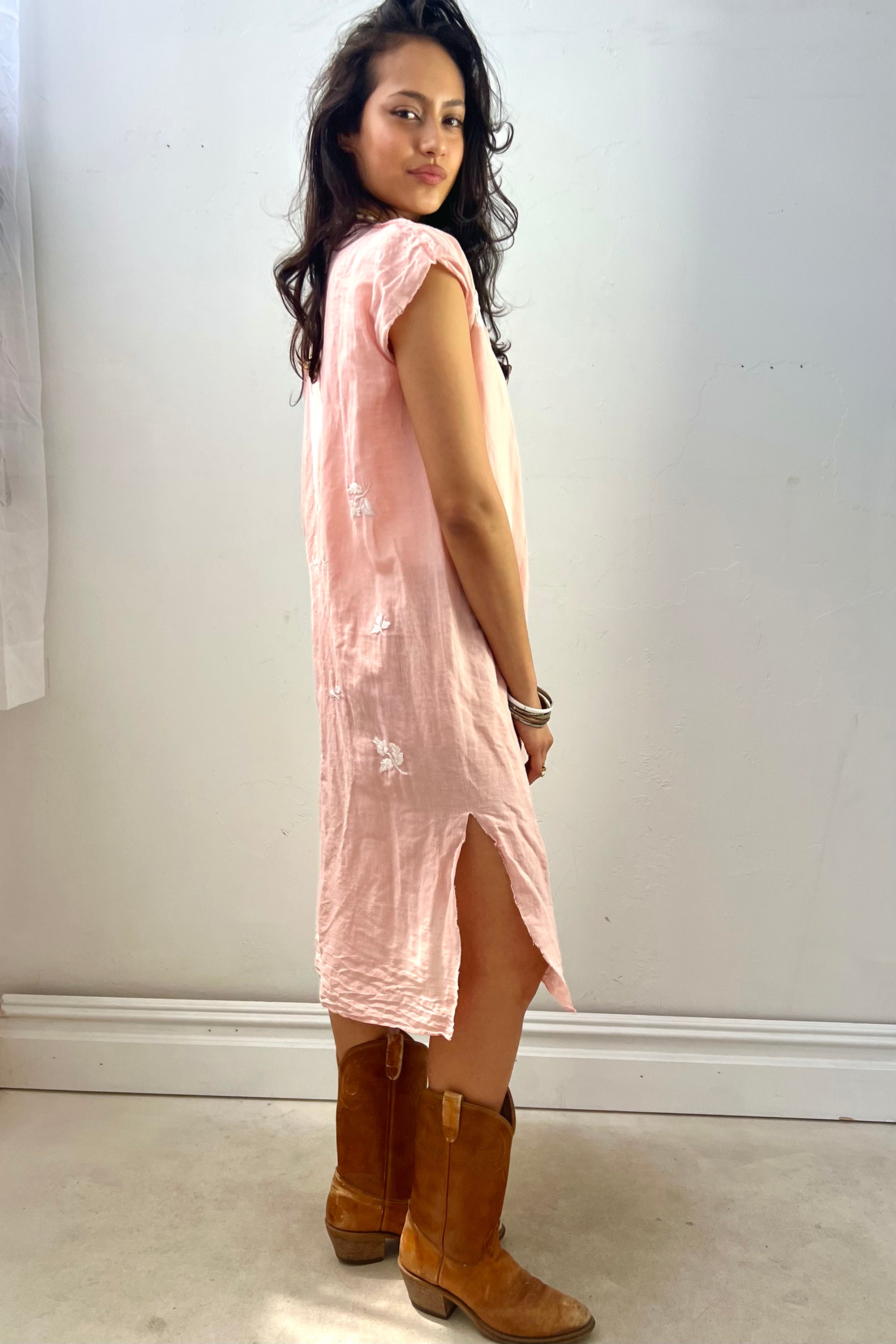Anna Corinna Reworked Vintage Hand Embroidered Blush Smock Dress