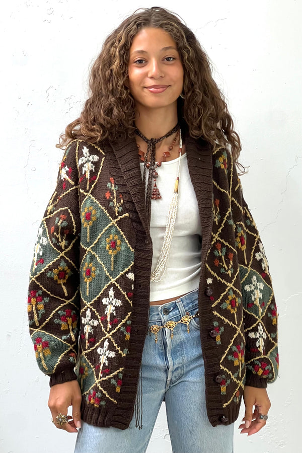 Vintage Hand Knit Wool Cardigan Sweater, Wool