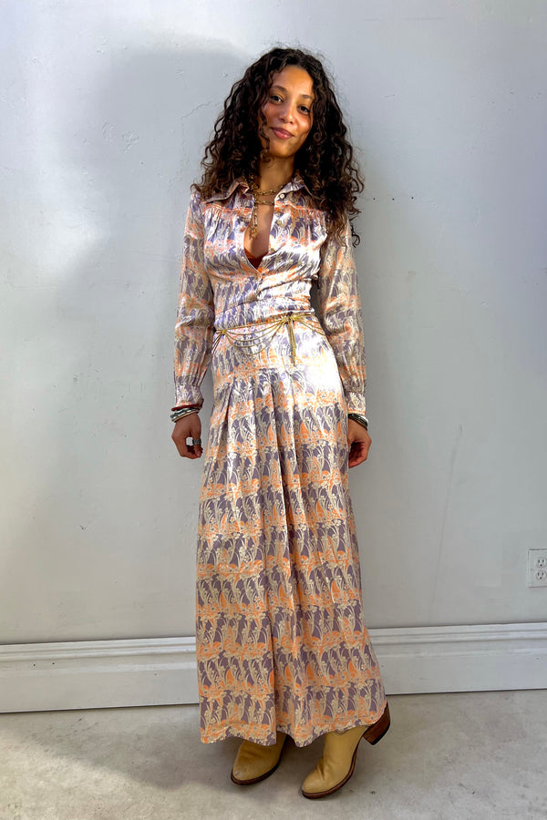 Vintage Silky Print Maxi Dress, Rayon