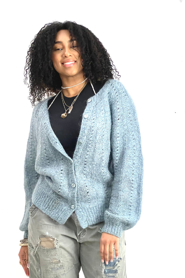 Vintage Hand Knit Sky Sparkle Cardi, Wool Blend