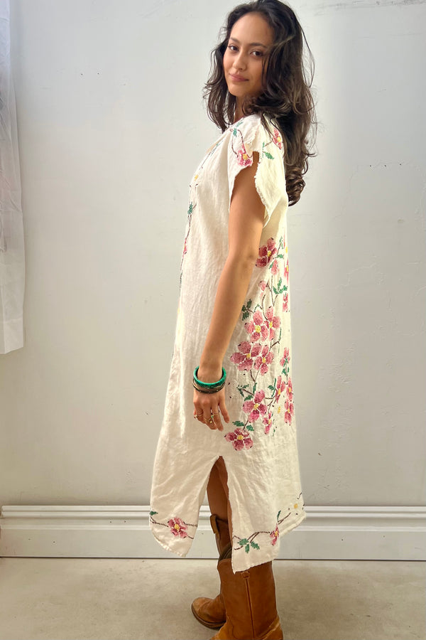 Anna Corinna Reworked Vintage Hand Stitched Flowers Smock Dress