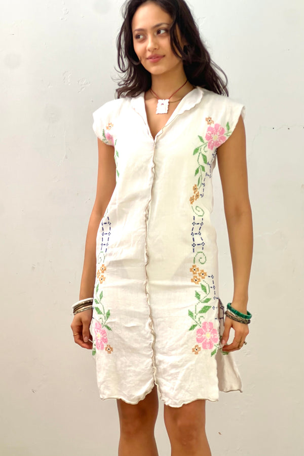 Anna Corinna Reworked Vintage Cross Stiched Flowers Smock Dress