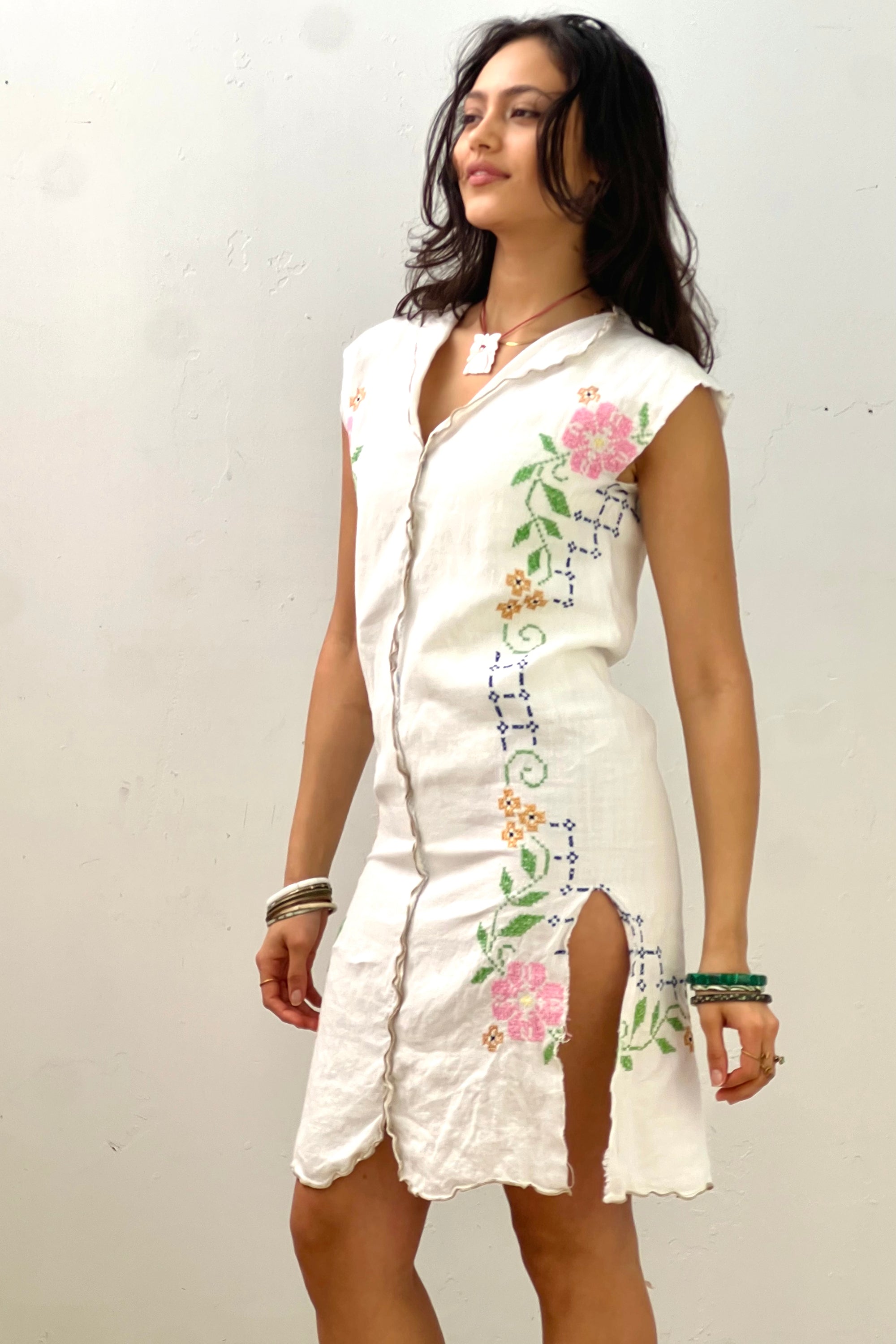 Anna Corinna Reworked Vintage Cross Stiched Flowers Smock Dress