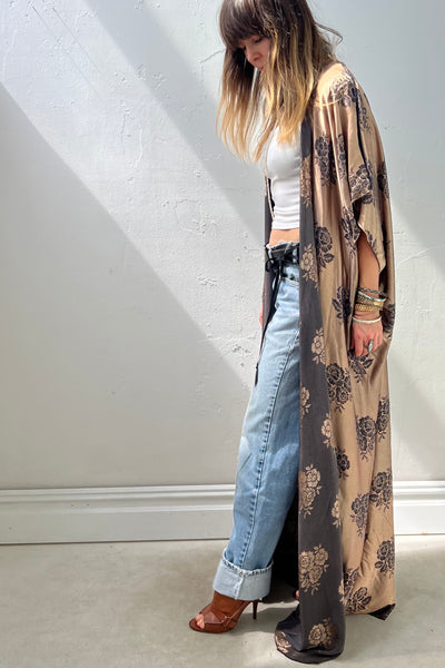 Duster Silky 60s Roses Maxi Reworked Vintage