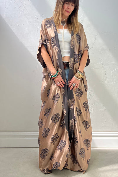 Duster Silky 60s Roses Maxi Reworked Vintage