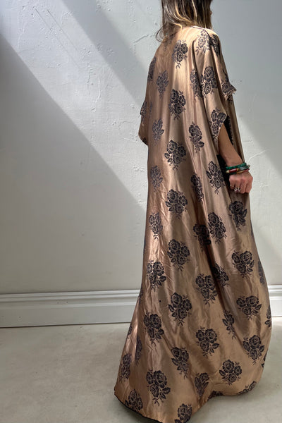 Duster Silky 60s Roses Maxi Reworked Vintage