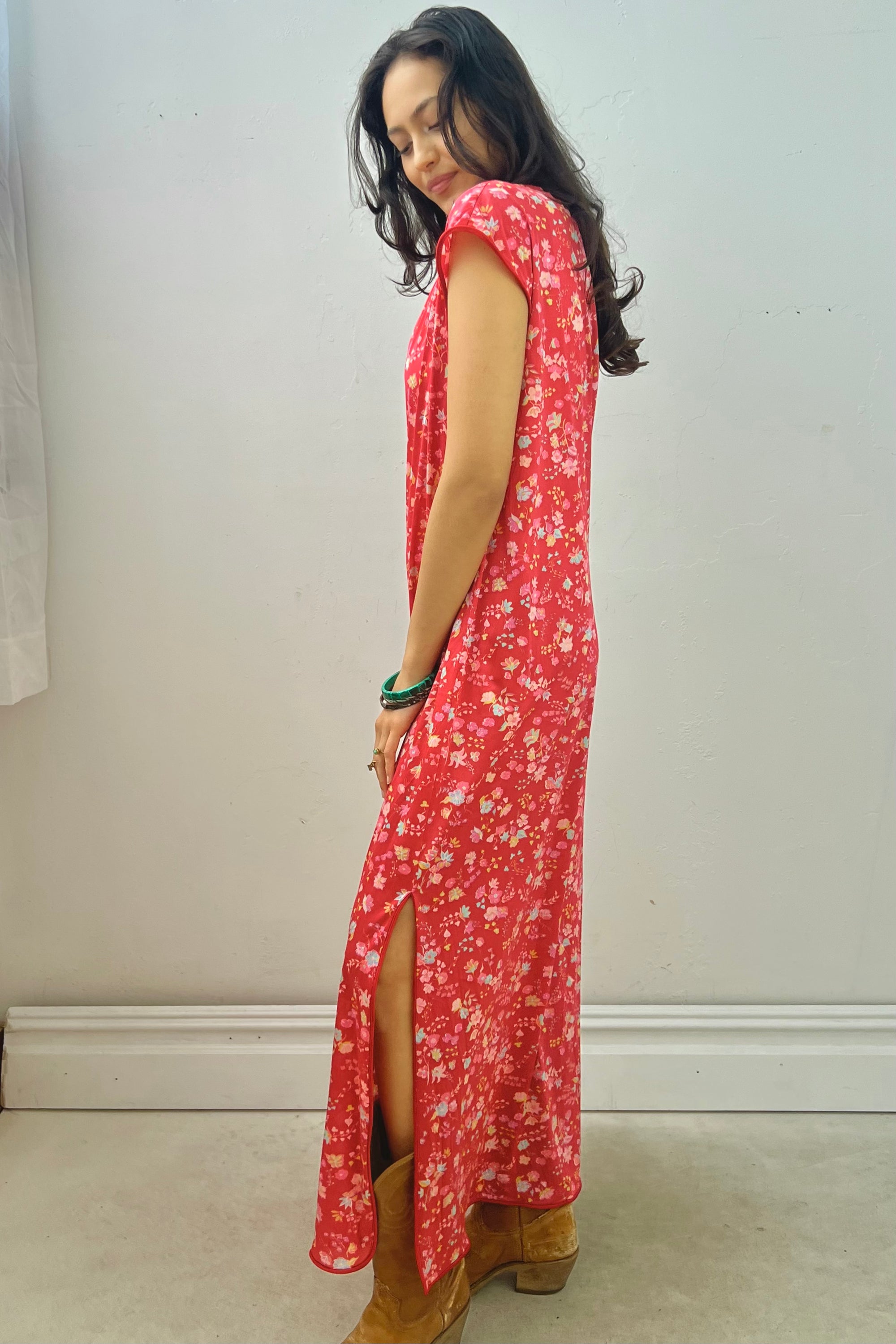 Vintage Printed Silky Maxi Dress, size S/M