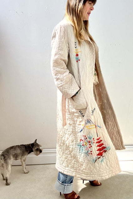 Souvenir Silk 1950s Japanese Quilted and Embroidered Maxi Coat Vintage