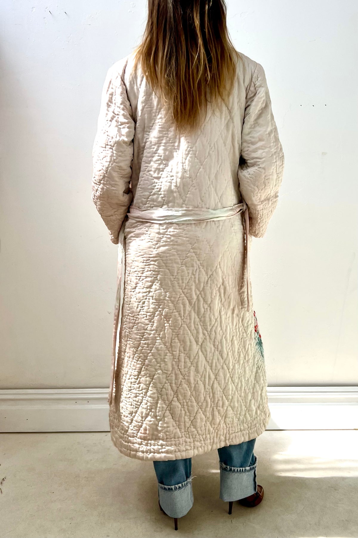 Souvenir Silk 1950s Japanese Quilted and Embroidered Maxi Coat Vintage