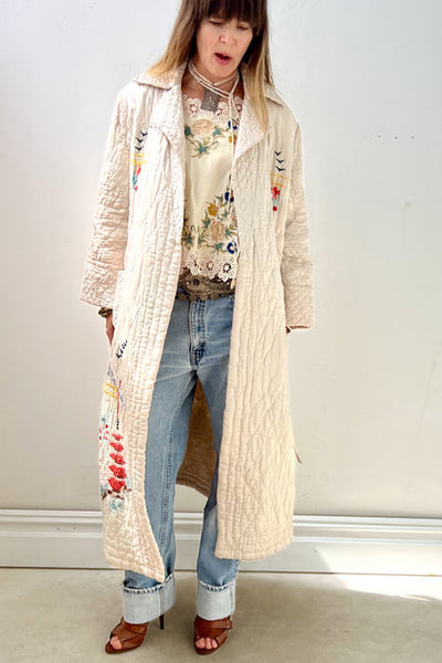 Souvenir Silk 1950s Japanese Quilted and Embroidered Maxi Coat Vintage