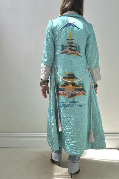 Souvenir Quilted Silky 1950s Japanese Embroidered Maxi Coat Vintage