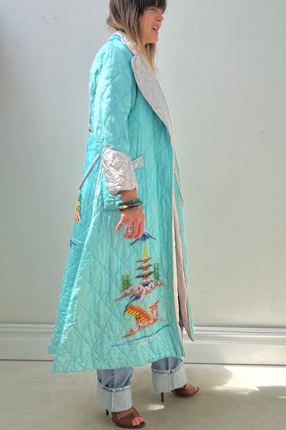 Souvenir Quilted Silky 1950s Japanese Embroidered Maxi Coat Vintage