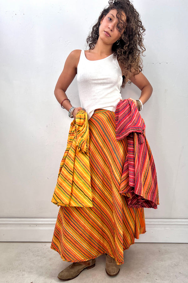 Vintage Gauze Wrap Around Maxi Stripe Skirt, Cotton