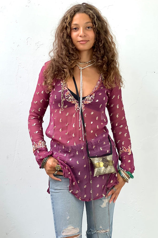 Vintage Hand Embroidered Sheer Blouse, Silk chiffon