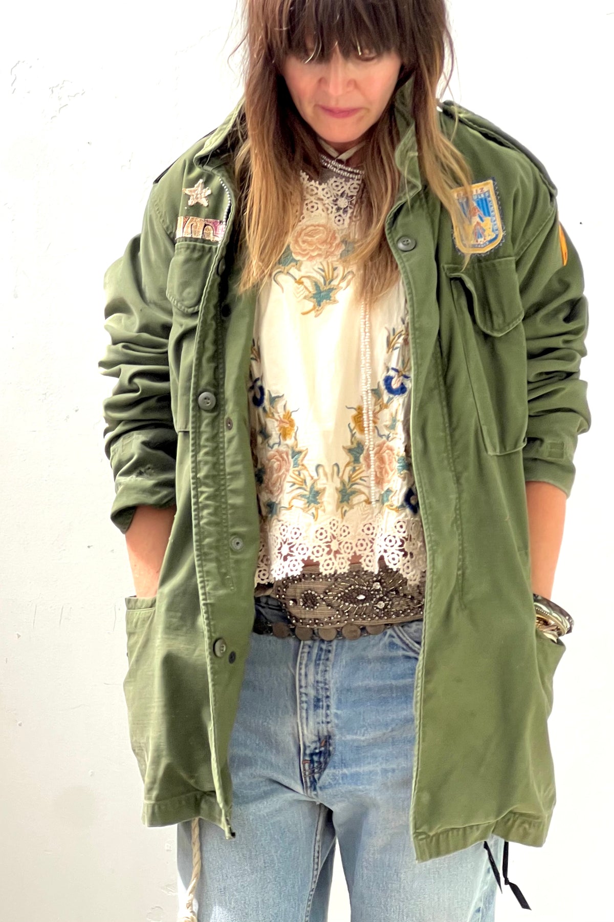 Army Cotton 1960s Field Jacket Batiq Printed Patch Reworked Vintage