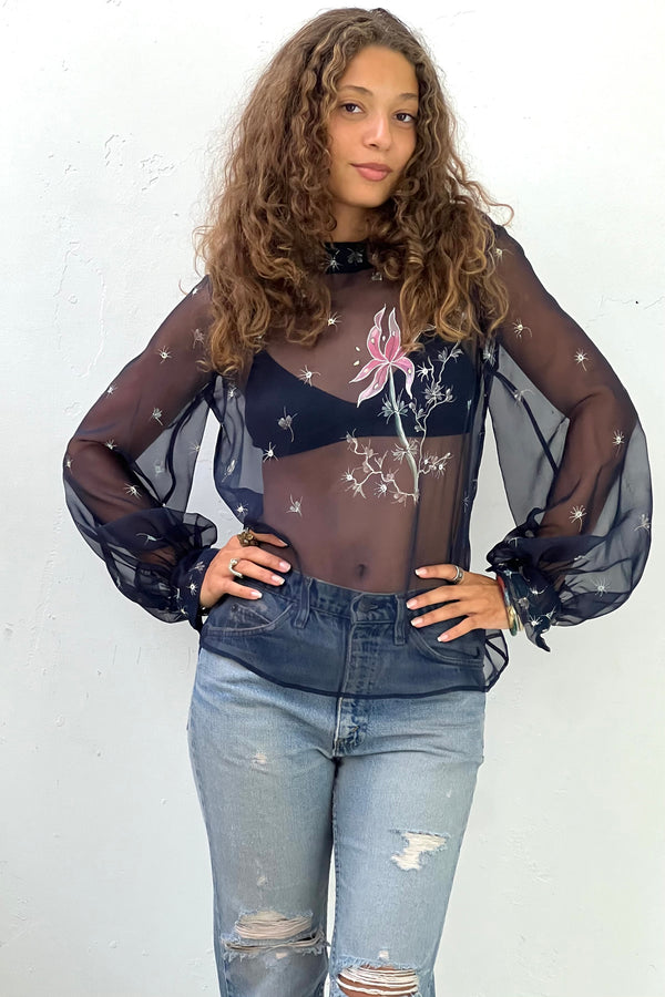 Vintage Hand Painted Sheer Blouse, Poly chiffon