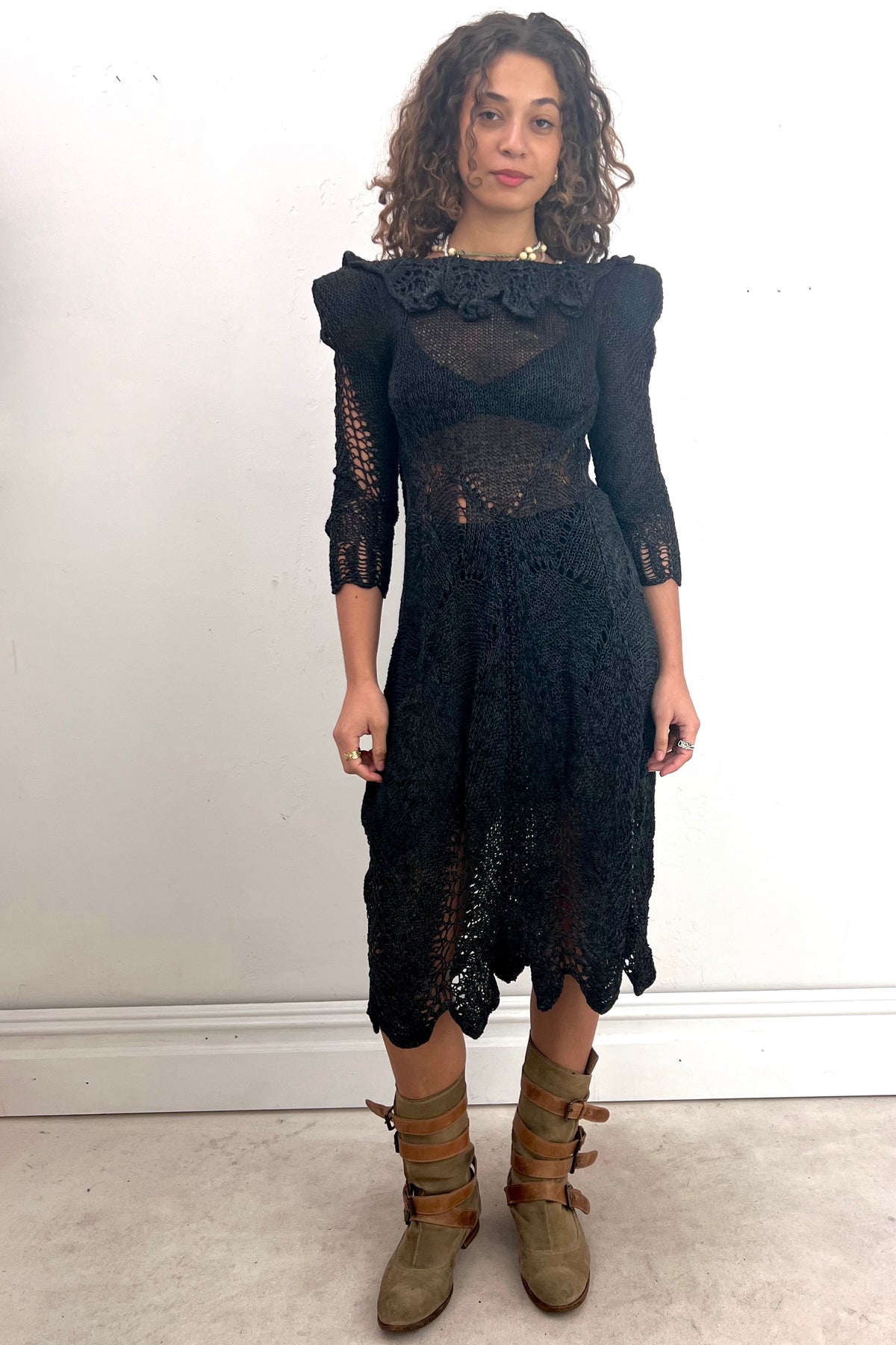 Vintage Hand Knit Noir Ruffle Neck Scoop Back Dress, Cotton