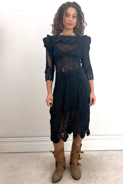 Vintage Hand Knit Noir Ruffle Neck Scoop Back Dress, Cotton