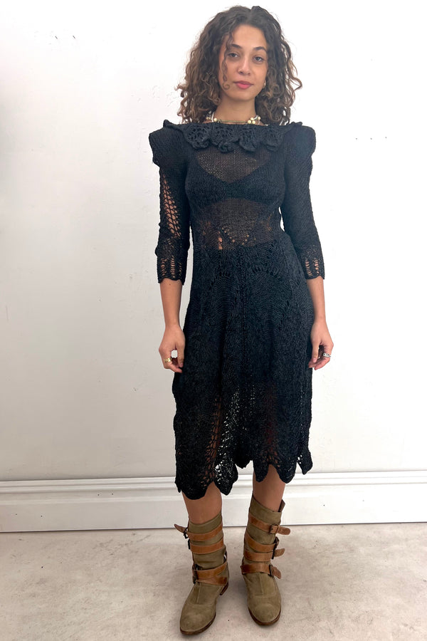 Vintage Hand Knit Noir Ruffle Neck Scoop Back Dress, Cotton