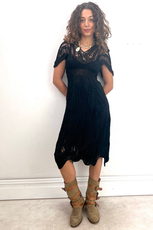Vintage Hand Knit Noir Short Sleeve Dress, Cotton