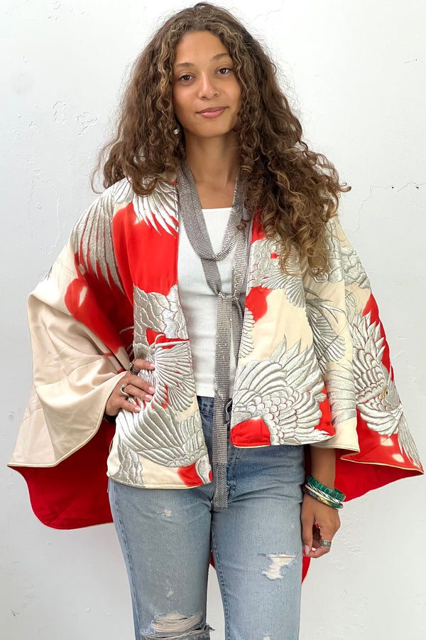 Vintage Hand Embroidered Silk and Silver Cranes Cape, Silk