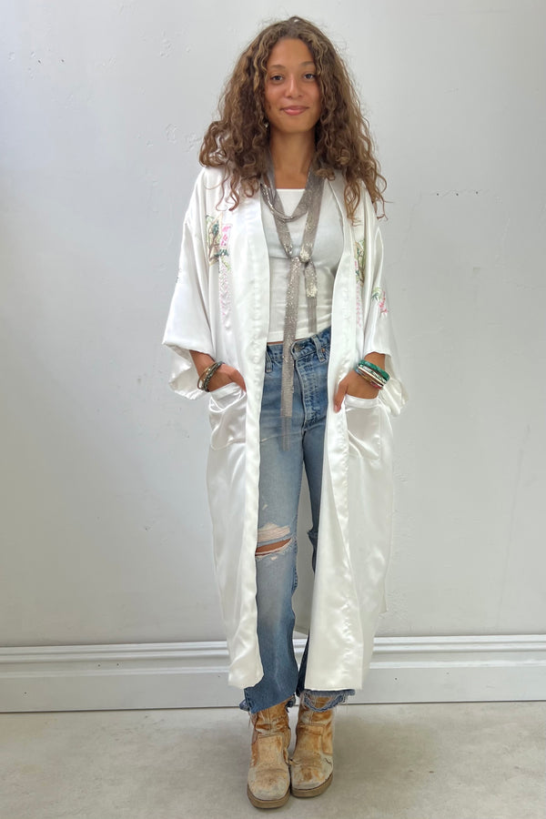 Vintage Silky Cranes Kimono, Rayon