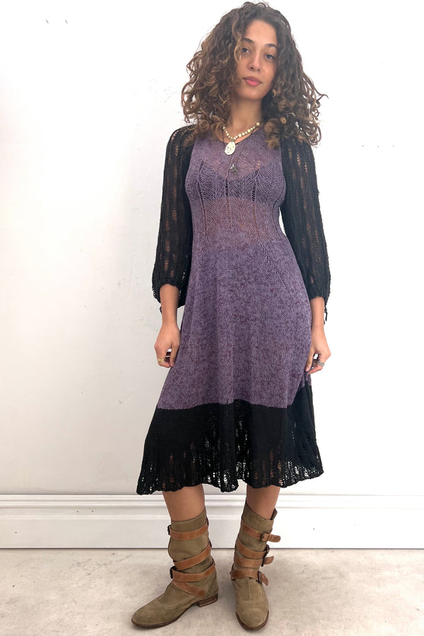 Vintage Hand Knit Noir Plum Dress, Cotton