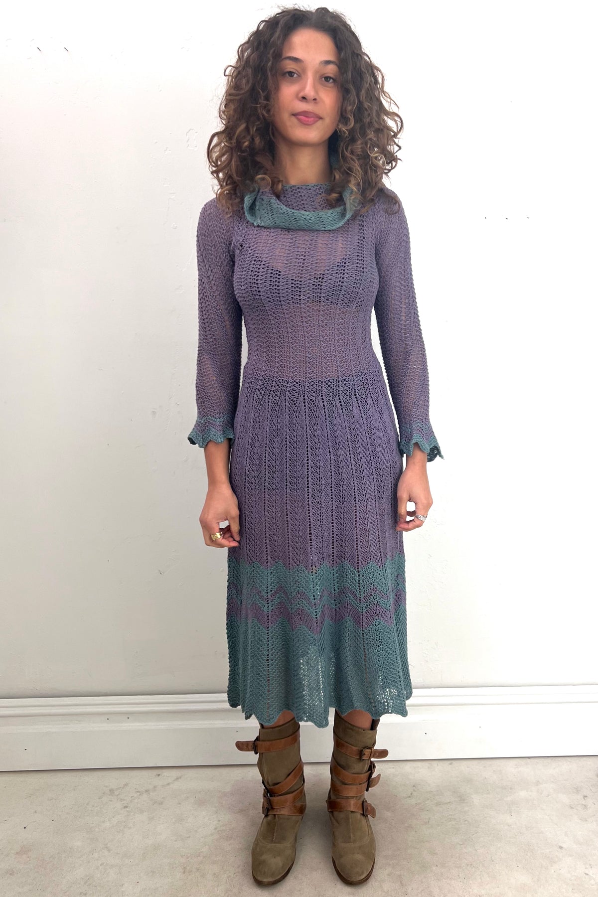 Vintage Hand Knit Plum Slate Dress, Cotton