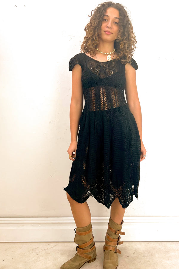 Vintage Hand Knit Noir Mini Dress, Cotton