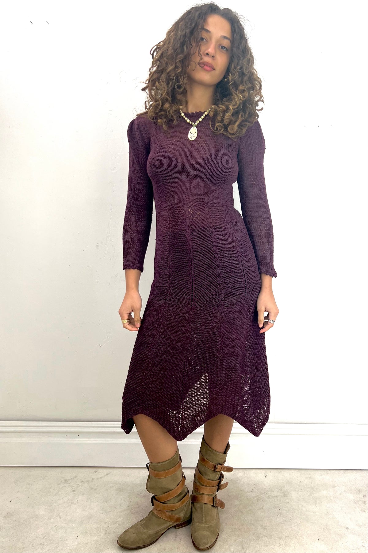 Vintage Hand Knit Plum Dress, Cotton