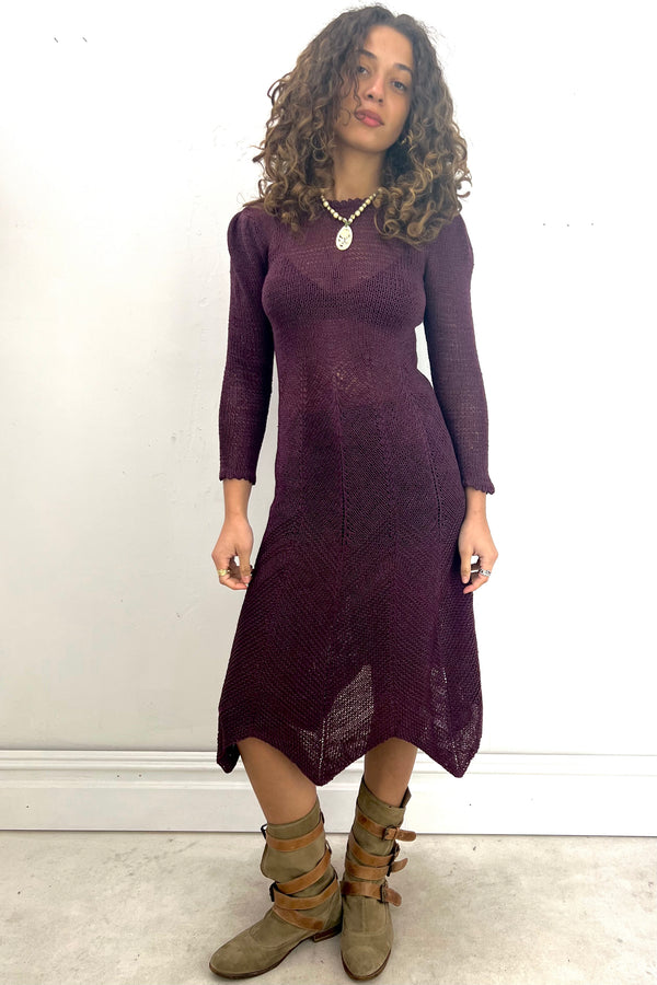 Vintage Hand Knit Plum Dress, Cotton