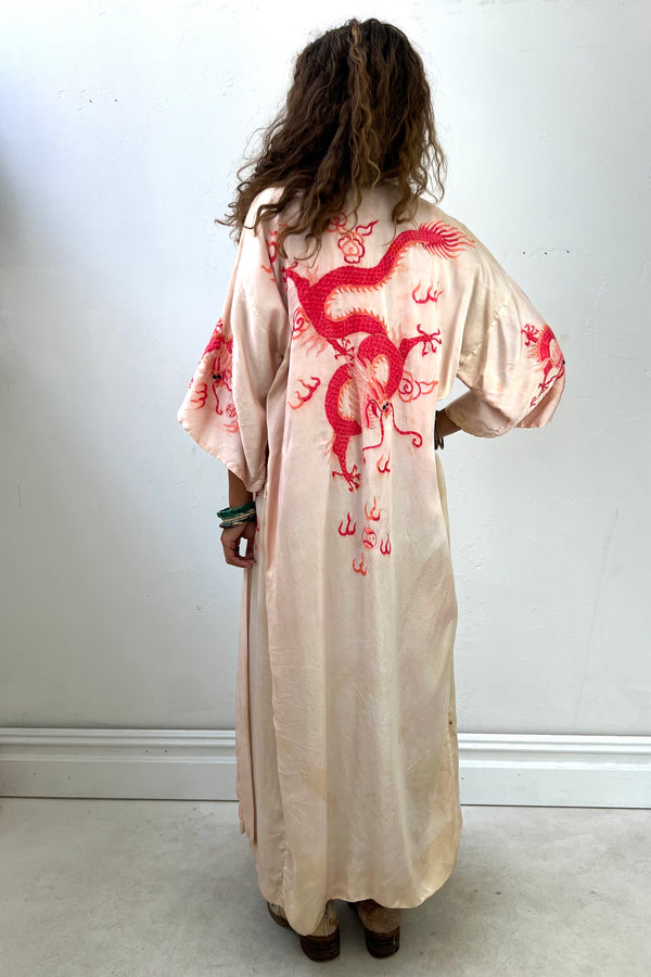 Vintage Silky Water Color Dragon Kimono, Rayon